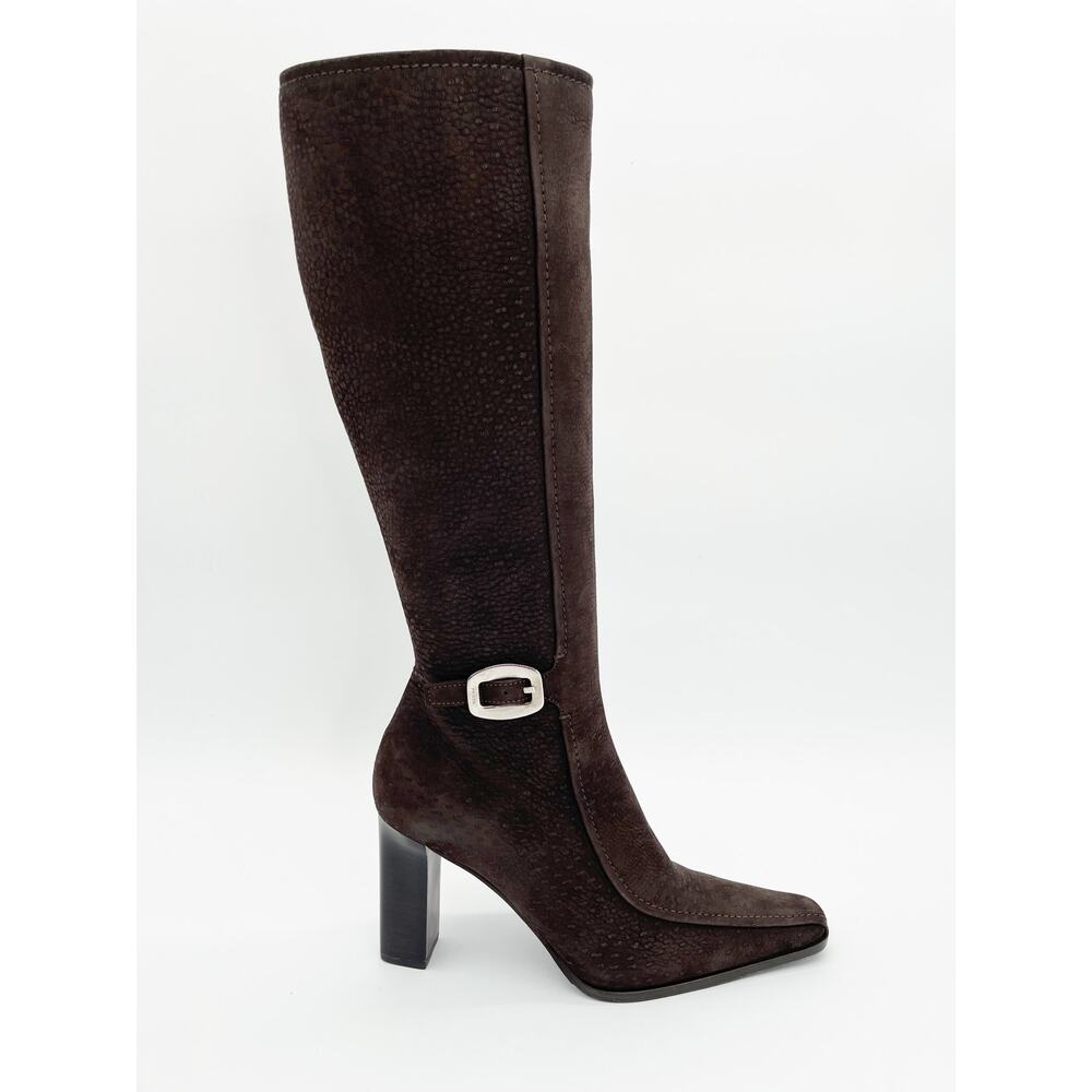 Prada Vintage Brown Embossed Nubuck Square Toe Heeled Knee High Boots IT 36.5 - Picture 2 of 14